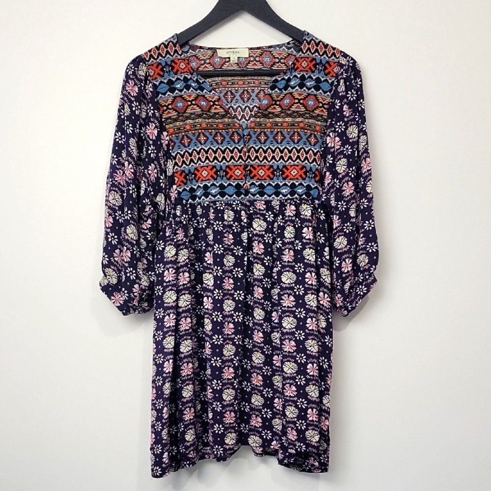 UMGEE WOMEN'S DRESS BOHO AZTEC V NECK LANTRN SLEEVES SIZE M
